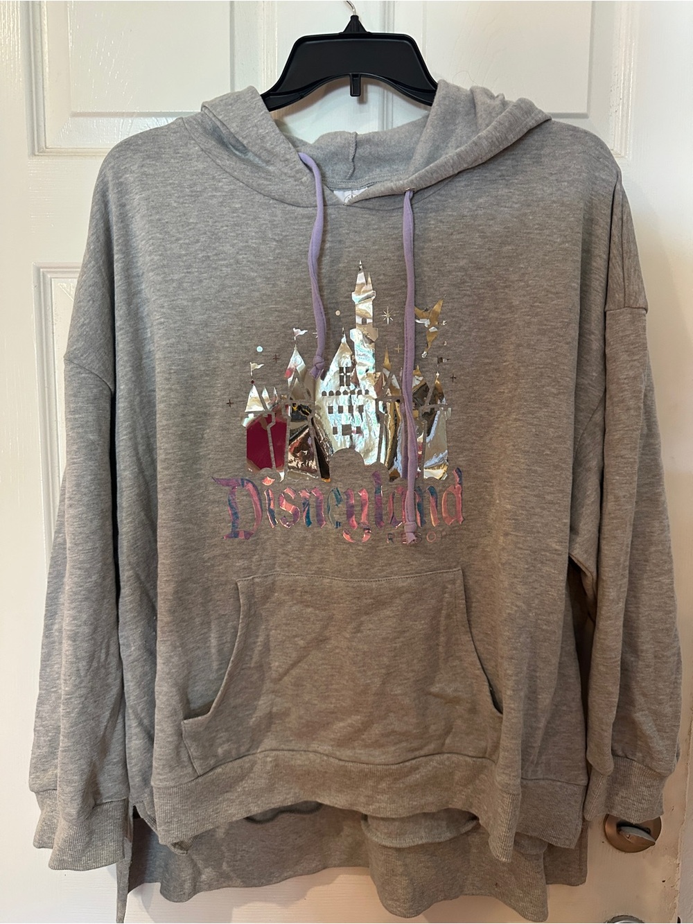 Disney Grey Hoodie with Silver Castle Graphic and Lilac Drawstrings
